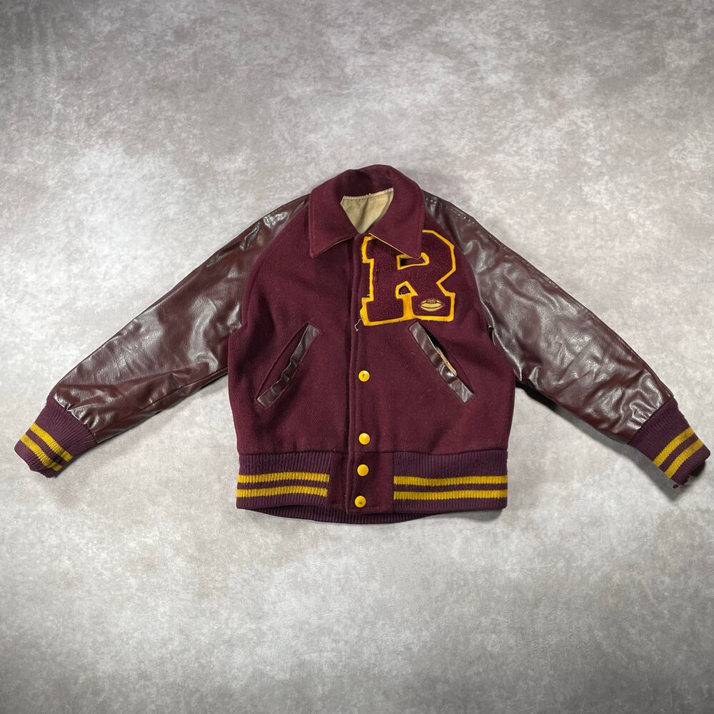Youth 70s 80s R Patch Varsity Letterman Leather Jacket